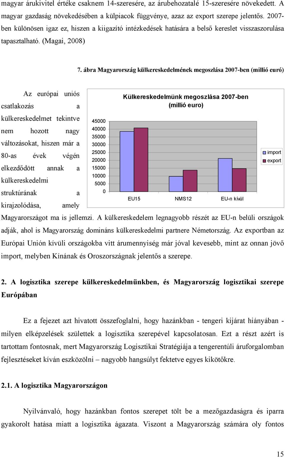 ábra Magyarország külkereskedelmének megoszlása 2007-ben (millió euró) Az európai uniós Külkereskedelmünk megoszlása 2007-ben csatlakozás a (millió euro) külkereskedelmet tekintve 45000 nem hozott