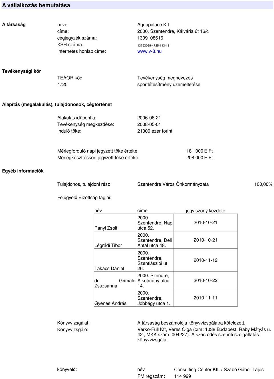 2008-05-01 Induló tıke: 21000 ezer forint Mérlegforduló napi jegyzett tıke értéke 181 000 E Ft Mérlegkészítéskori jegyzett tıke értéke: 208 000 E Ft Egyéb információk Tulajdonos, tulajdoni rész