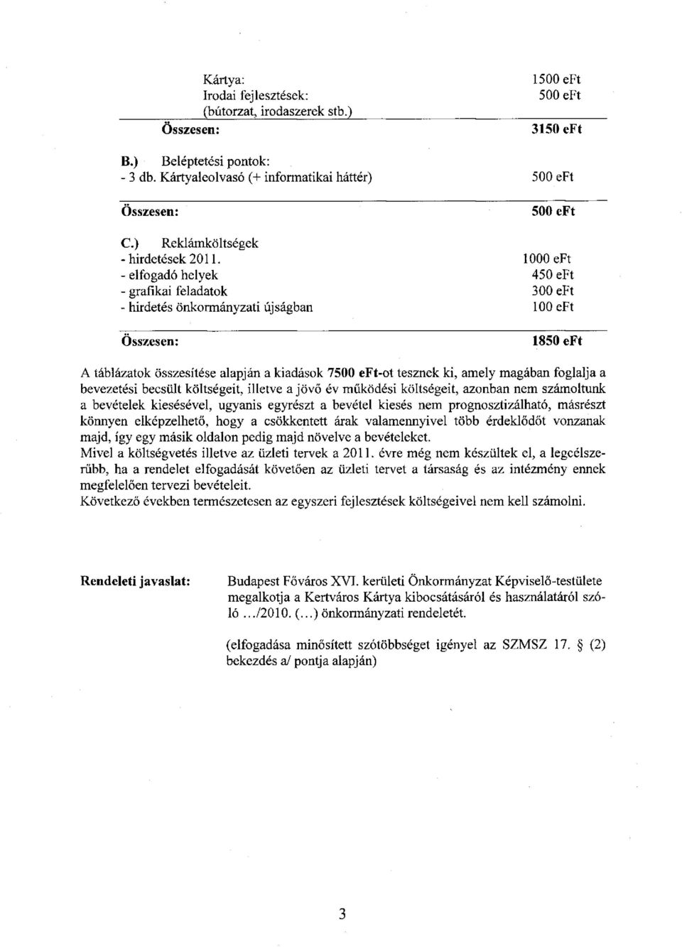 1000 eft - elfogadó helyek 450 eft - grafikai feladatok 300 eft - hirdetés önkormányzati újságban 100 eft Összesen: 1850 eft A táblázatok összesítése alapján a kiadások 7500 eft-ot tesznek ki, amely