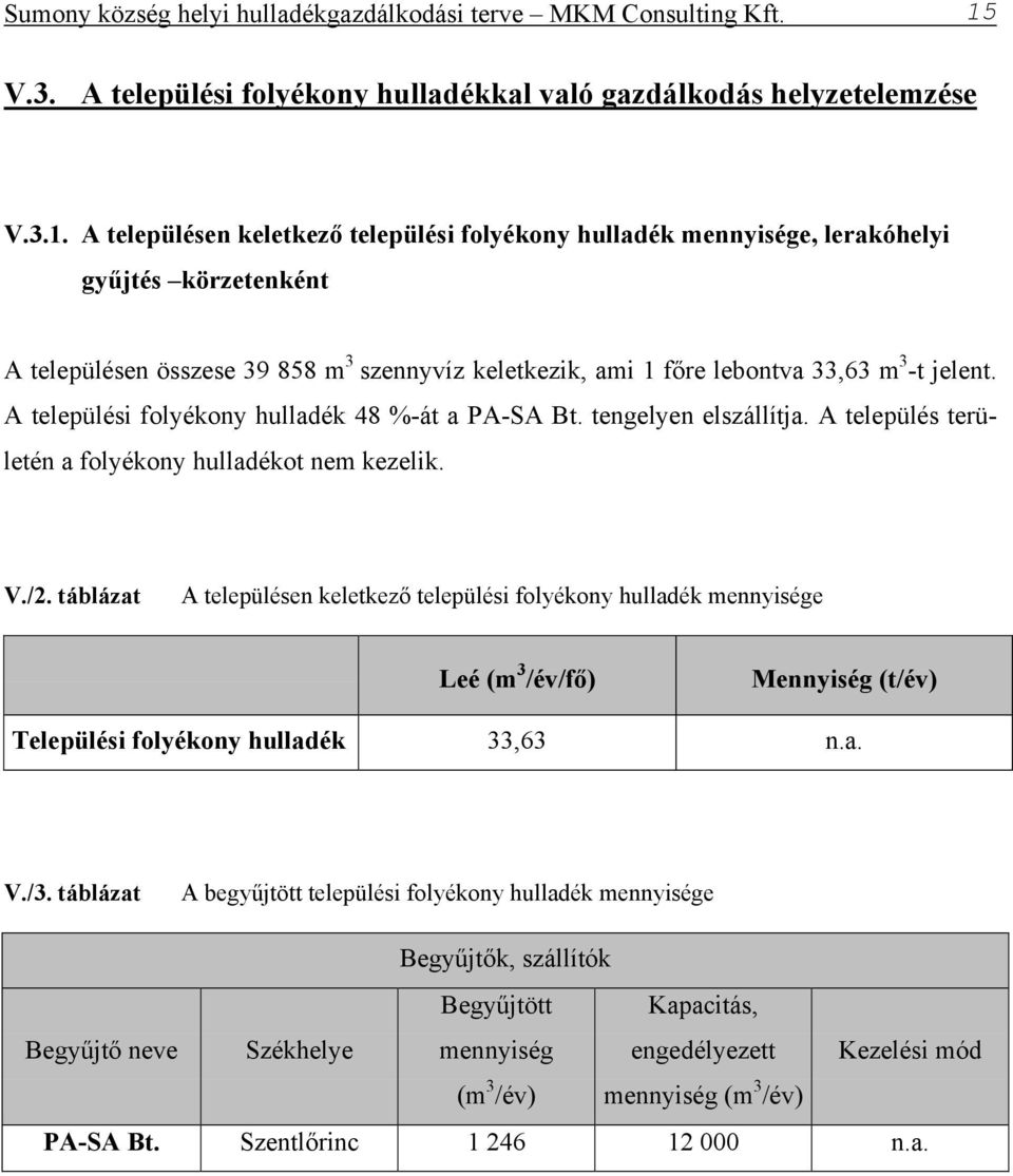 A településen keletkező települési folyékony hulladék mennyisége, lerakóhelyi gyűjtés körzetenként A településen összese 39 858 m 3 szennyvíz keletkezik, ami 1 főre lebontva 33,63 m 3 -t jelent.