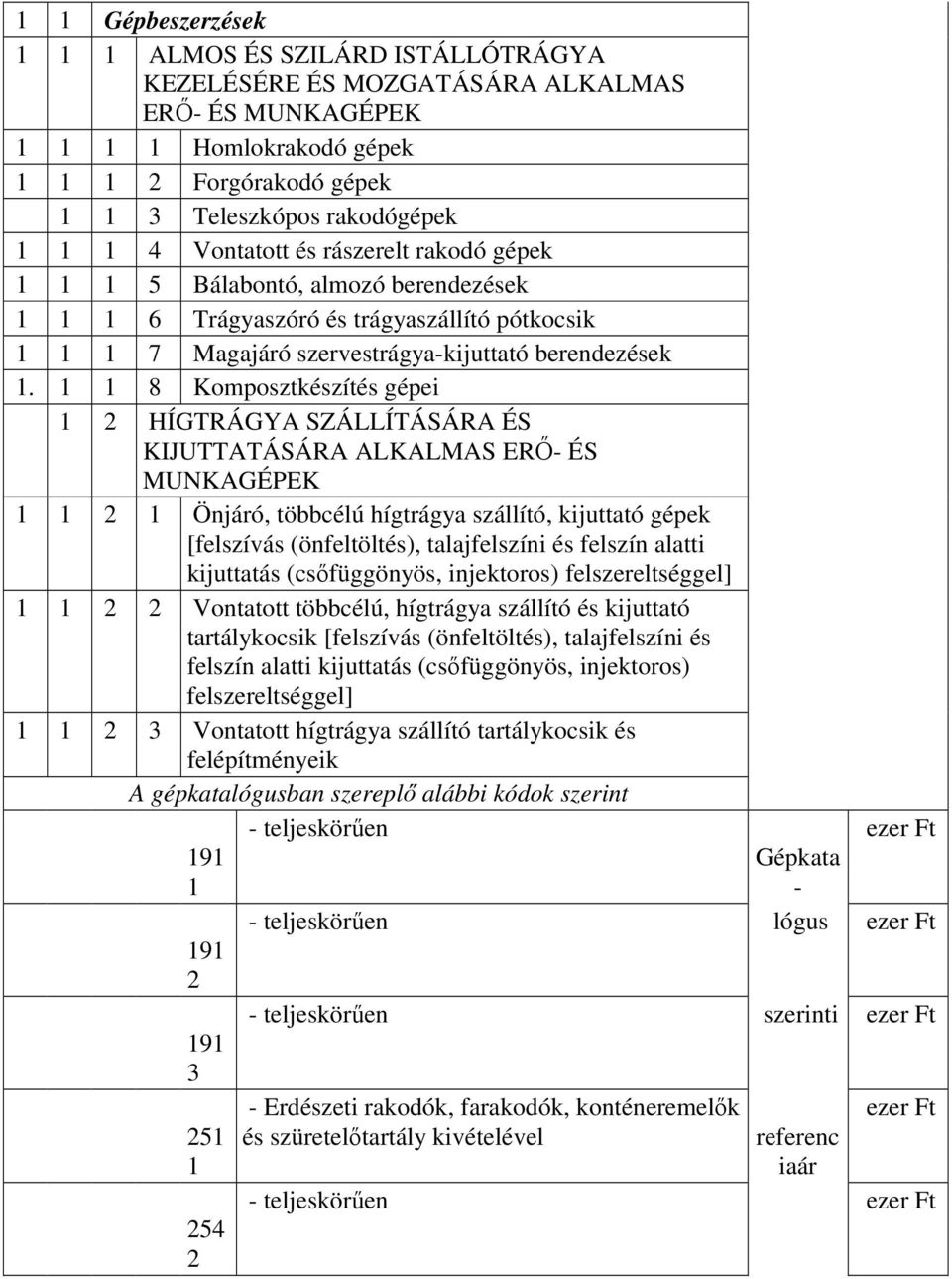 1 1 8 Komposztkészítés gépei 1 2 HÍGTRÁGYA SZÁLLÍTÁSÁRA ÉS KIJUTTATÁSÁRA ALKALMAS ERİ- ÉS MUNKAGÉPEK 1 1 2 1 Önjáró, többcélú hígtrágya szállító, kijuttató gépek [felszívás (önfeltöltés),