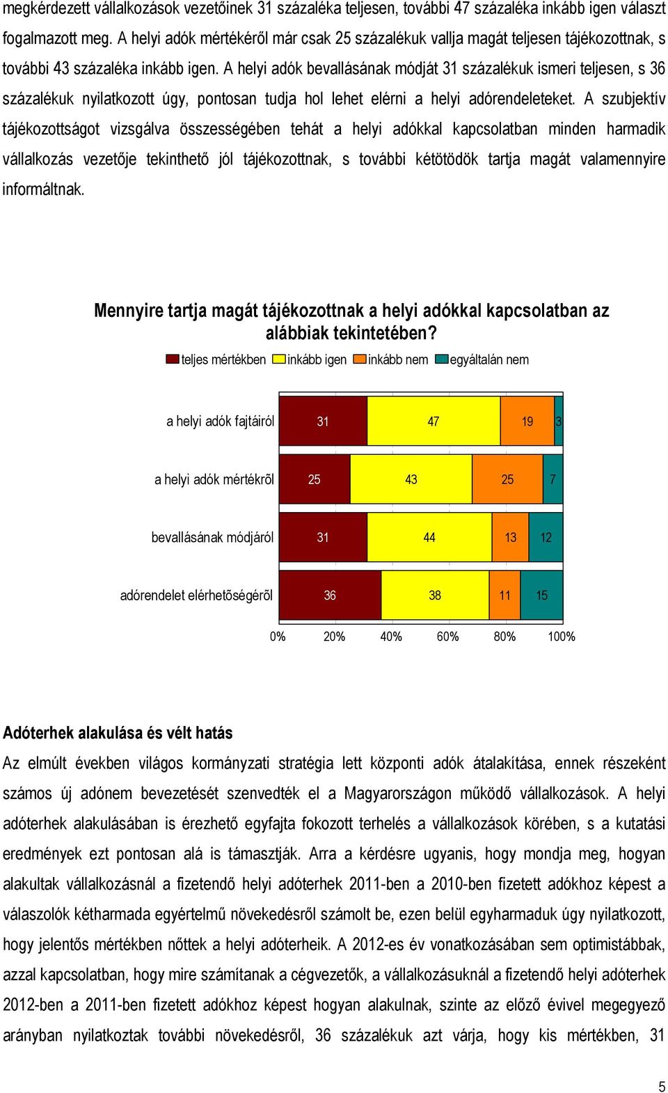 A helyi adók bevallásának módját 31 százalékuk ismeri teljesen, s 36 százalékuk nyilatkozott úgy, pontosan tudja hol lehet elérni a helyi adórendeleteket.