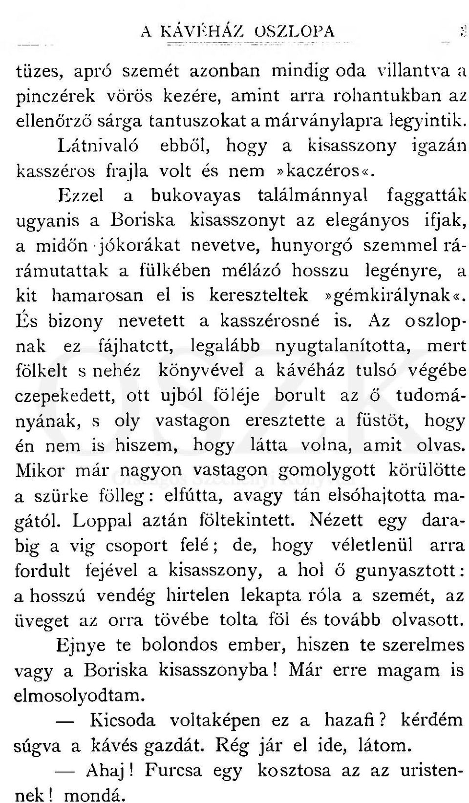 Ezzel a bukovayas találmánnyal faggatták ugyanis a Boriska kisasszonyt az elegányos ifjak, a midőn jókorákat nevetve, hunyorgó szemmel rárámutattak a fülkében mélázó hosszú legényre, a kit hamarosan