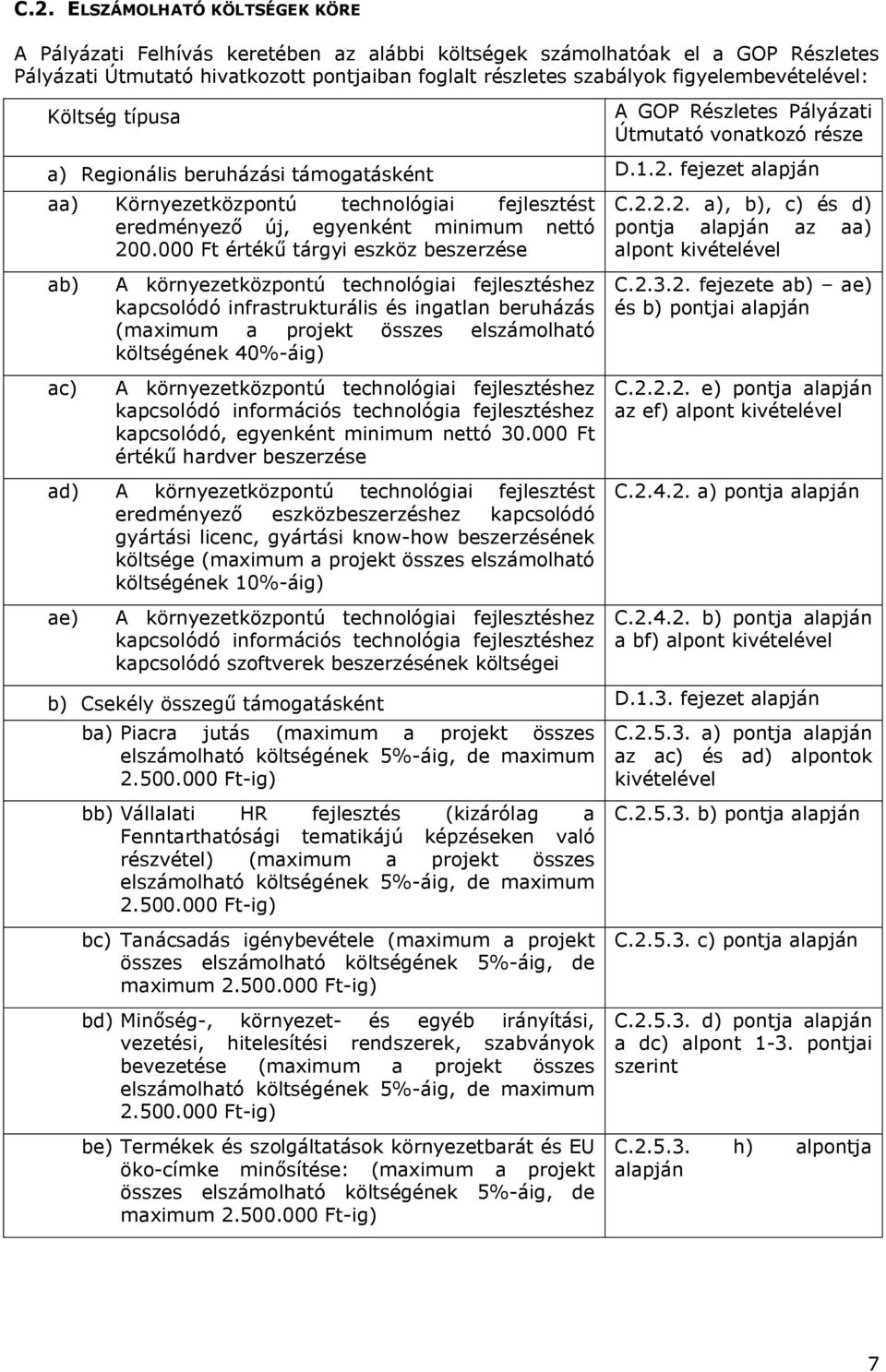 fejezet alapján aa) Környezetközpontú technológiai fejlesztést eredményező új, egyenként minimum nettó 200.