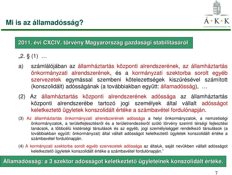 kiszőrésével számított (konszolidált) adósságának (a továbbiakban együtt: államadósság), (2) Az államháztartás központi alrendszerének adóssága az államháztartás központi alrendszerébe tartozó jogi