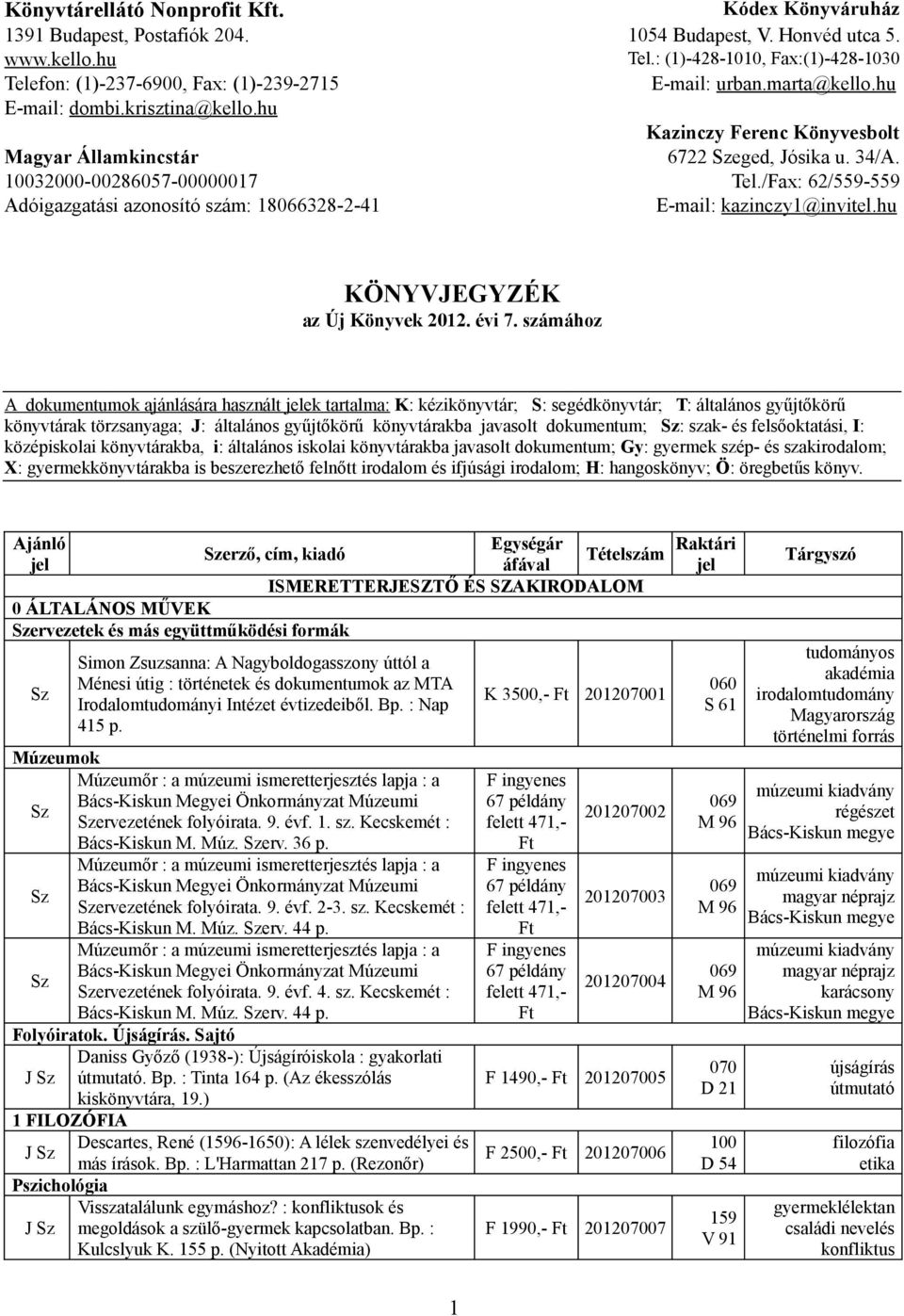 34/A. 10032000-00286057-00000017 Tel./Fax: 62/559-559 Adógazgatás azonosító szám: 18066328-2-41 E-mal: kaznczy1@nvtel.hu KÖNYVEGYZÉK az Új Könyvek 2012. év 7.