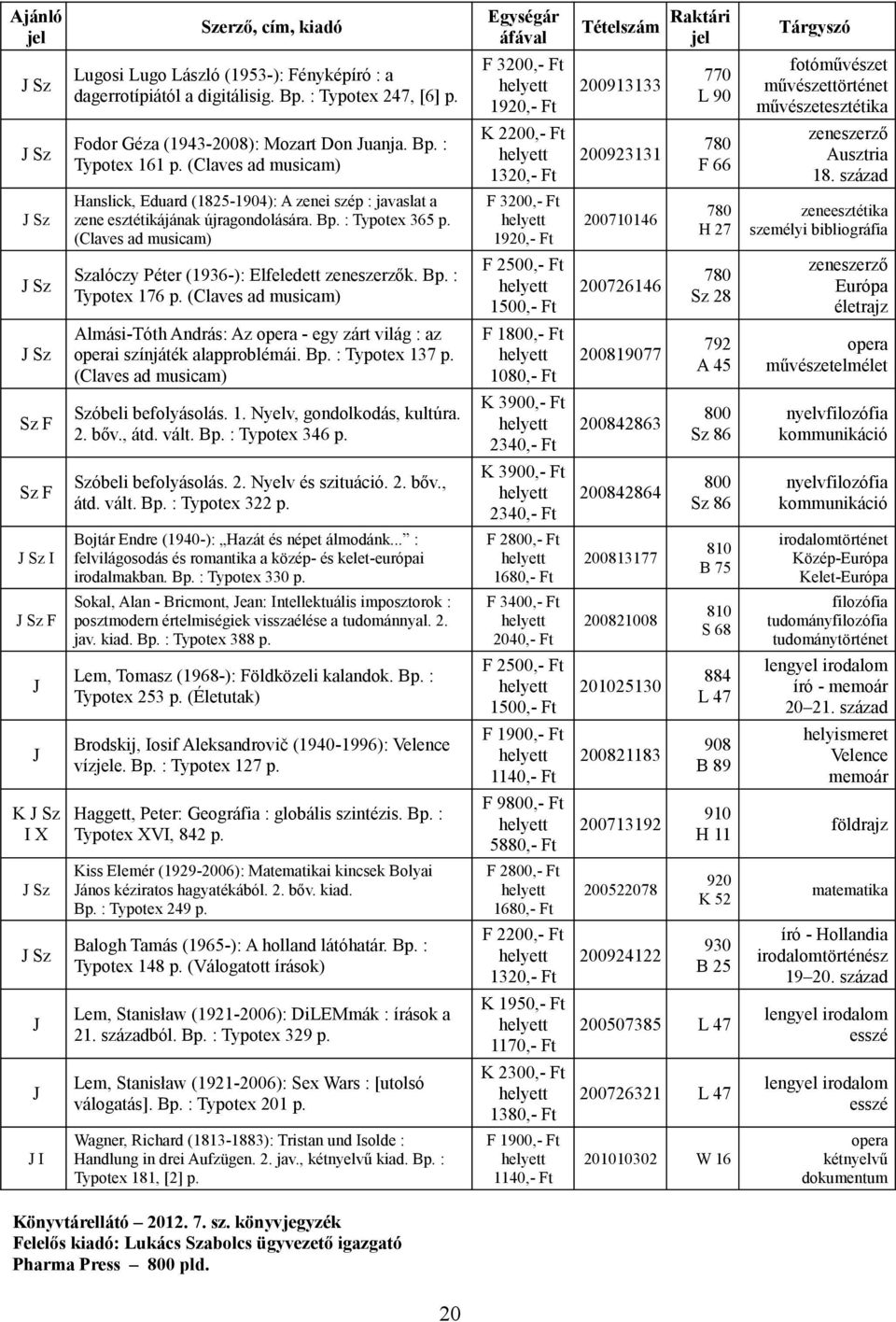 (Claves ad muscam) K 2200,- Ft 1320,- Ft 200923131 780 F 66 zeneszerző Ausztra 18. század Hanslck, Eduard (1825-1904): A zene szép : javaslat a zene esztétkájának újragondolására. Bp. : Typotex 365 p.