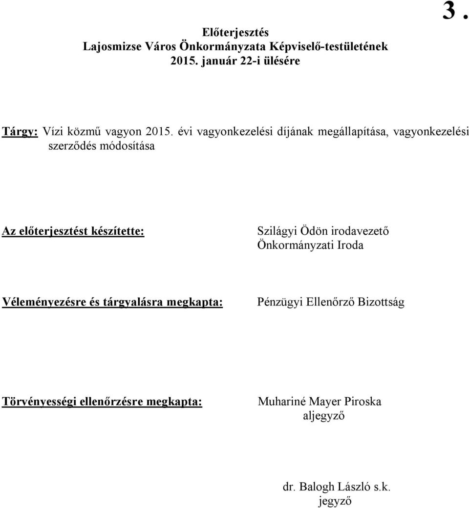 évi vagyonkezelési díjának megállapítása, vagyonkezelési szerződés módosítása Az előterjesztést készítette: