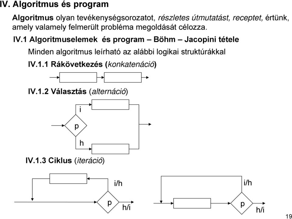 1 Algoritmuselemek és program Böhm Jacopini tétele Minden algoritmus leírható az alábbi logikai