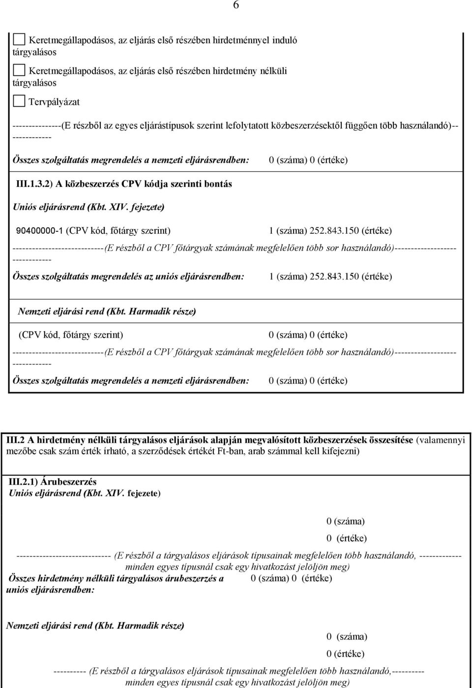 2) A közbeszerzés CPV kódja szerinti bontás 90400000-1 (CPV kód, főtárgy szerint) 1 (száma) 252.843.