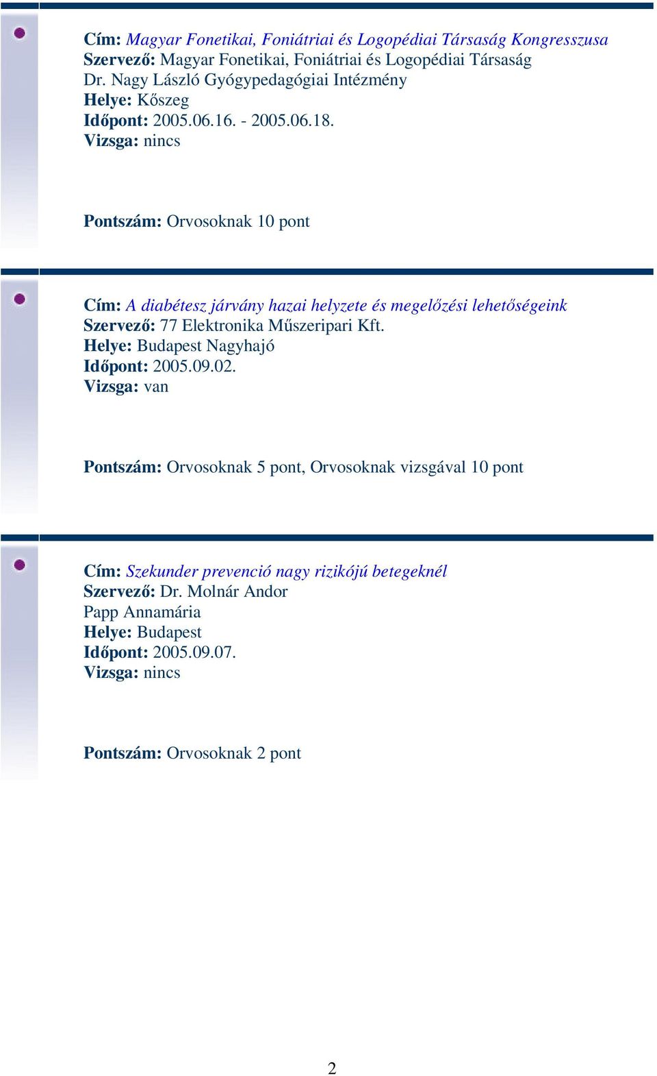 Cím: A diabétesz járvány hazai helyzete és megelőzési lehetőségeink Szervező: 77 Elektronika Műszeripari Kft. Helye: Budapest Nagyhajó Időpont: 2005.