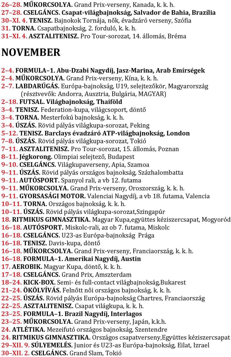 Grand Prix-verseny, Kína, k. k. h. 2 7. LABDARÚGÁS. Európa-bajnokság, U19, selejtezőkör, Magyarország (résztvevők: Andorra, Ausztria, Bulgária, MAGYAR) 2 18. FUTSAL. Világbajnokság, Thaiföld 3 4.