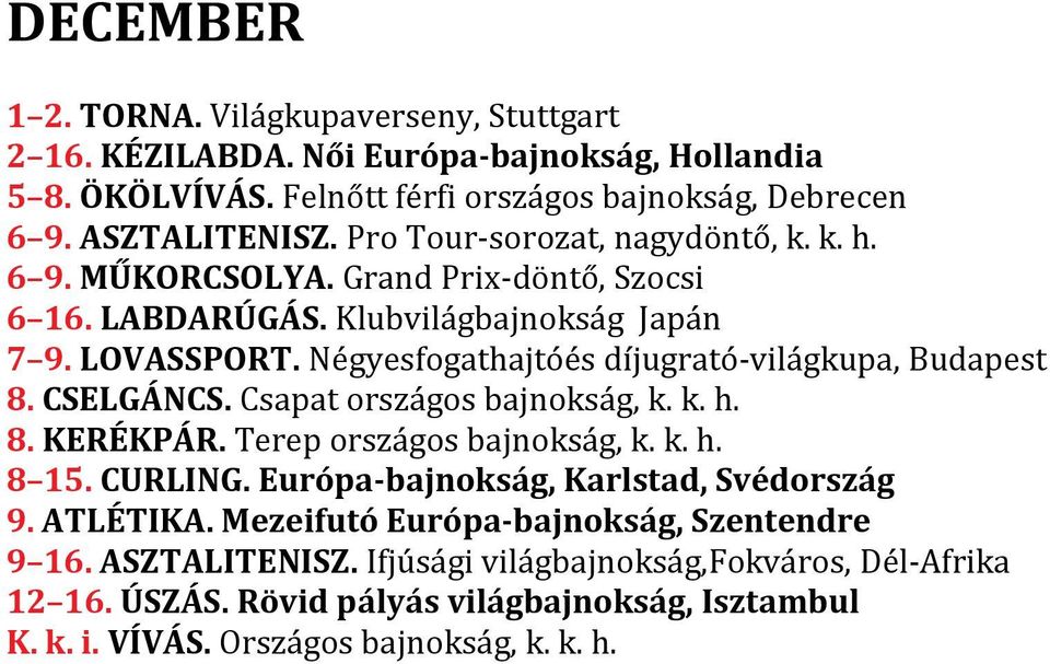 Négyesfogathajtóés díjugrató-világkupa, Budapest 8. CSELGÁNCS. Csapat országos bajnokság, k. k. h. 8. KERÉKPÁR. Terep országos bajnokság, k. k. h. 8 15. CURLING.