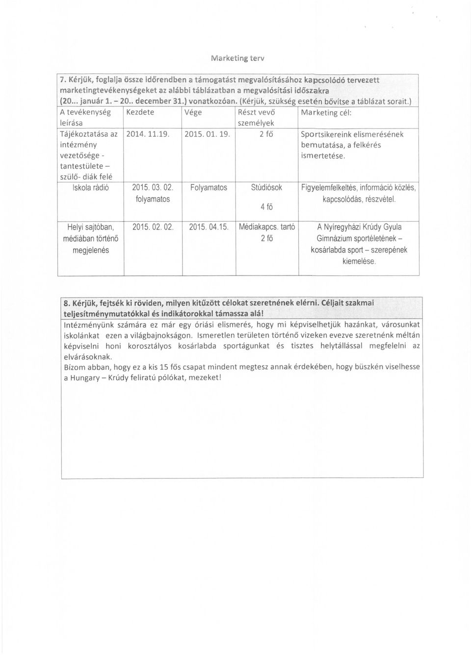 intézmény vezetősége tantestülete szülő- diák felé Iskola rádió 2015. 03. 02. folyamatos Vége 2015. 01. 19.