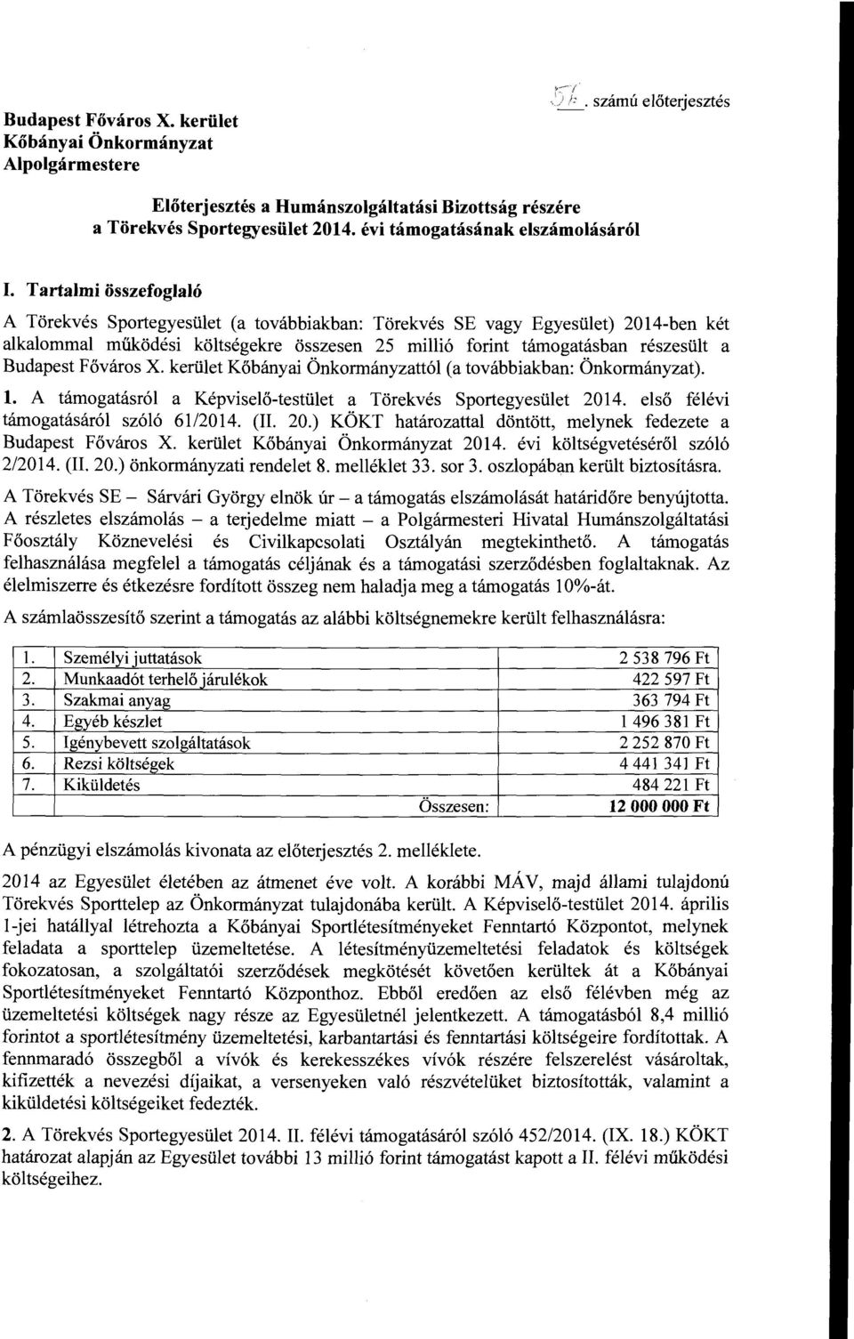 kerüet Kőbányai Önkrmányzattó (a tvábbiakban: Önkrmányzat).. A támgatásró a Képviseő-testüet a Törekvés Sprtegyesüet 2014. eső féévi támgatásáró szóó 61/2014. (IL 20.