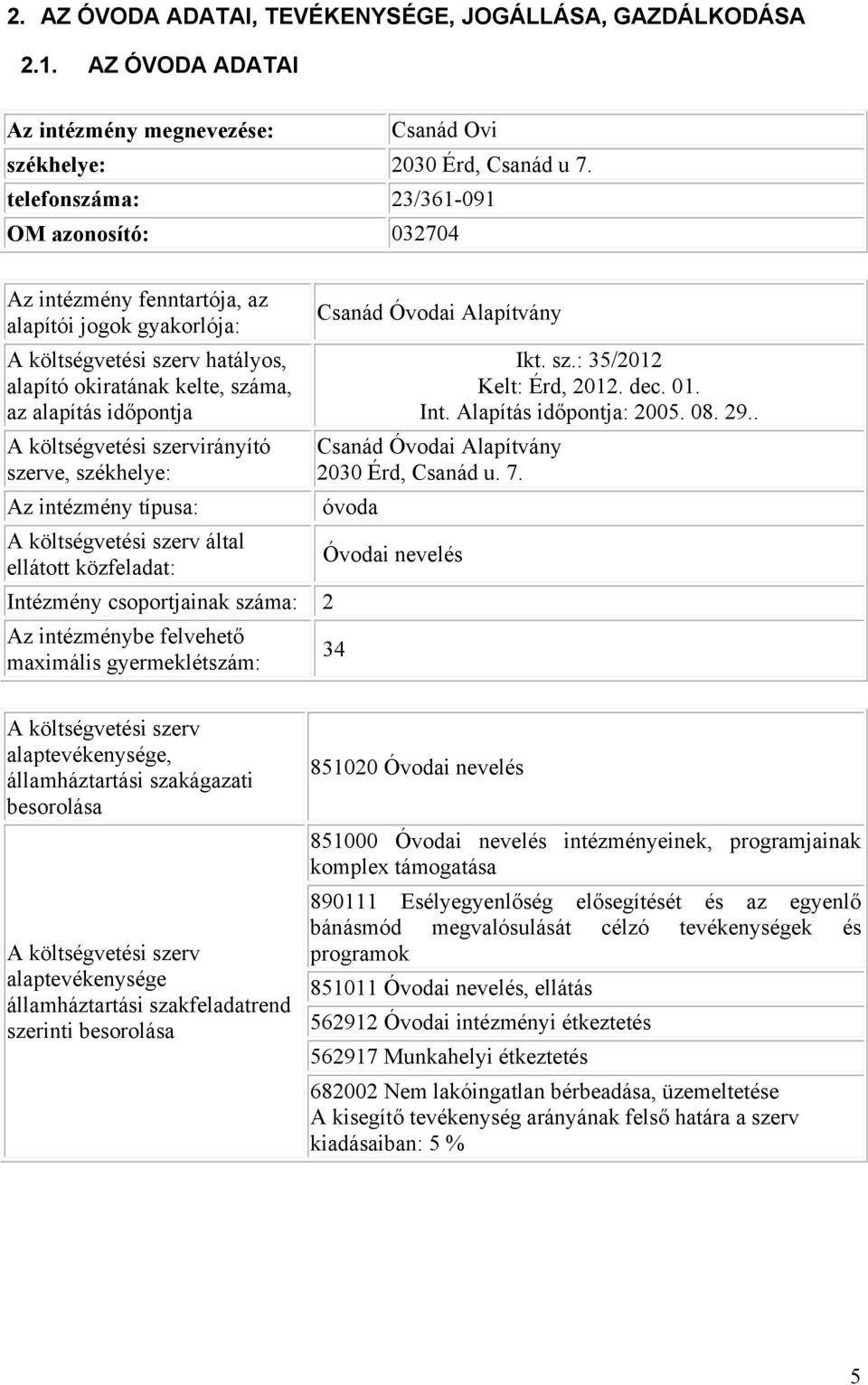 költségvetési szervirányító szerve, székhelye: Az intézmény típusa: A költségvetési szerv által ellátott közfeladat: Intézmény csoportjainak száma: 2 Az intézménybe felvehető maximális