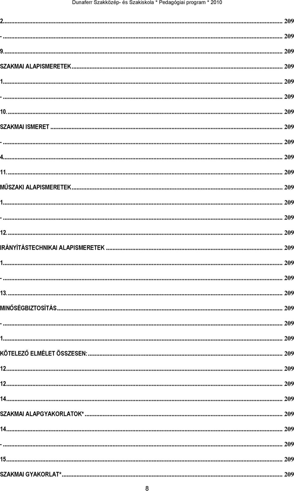 .. 209 1... 209 -... 209 13.... 209 MINŐSÉGBIZTOSÍTÁS... 209 -... 209 1... 209 KÖTELEZŐ ELMÉLET ÖSSZESEN:... 209 12.
