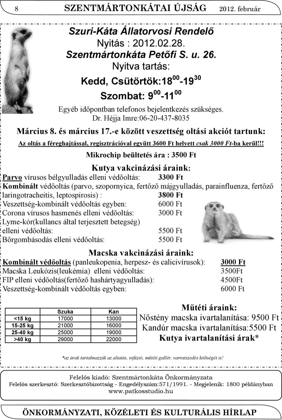 -e között veszettség oltási akciót tartunk: Az oltás a féreghajtással, regisztrációval együtt 3600 Ft helyett csak 3000 Ft-ba kerül!