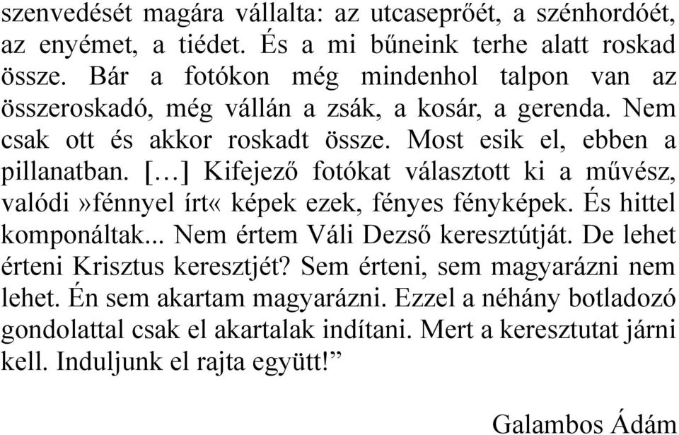 [ ] Kifejező fotókat választott ki a művész, valódi»fénnyel írt«képek ezek, fényes fényképek. És hittel komponáltak... Nem értem Váli Dezső keresztútját.