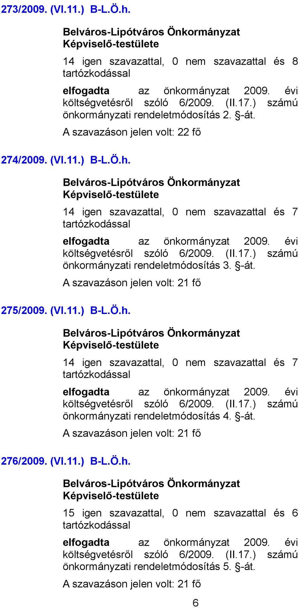 275/2009. (VI.11.) B-L.Ö.h. 14 igen szavazattal, 0 nem szavazattal és 7 elfogadta az önkormányzat 2009. évi költségvetésről szóló 6/2009. (II.17.) számú önkormányzati rendeletmódosítás 4. -át.