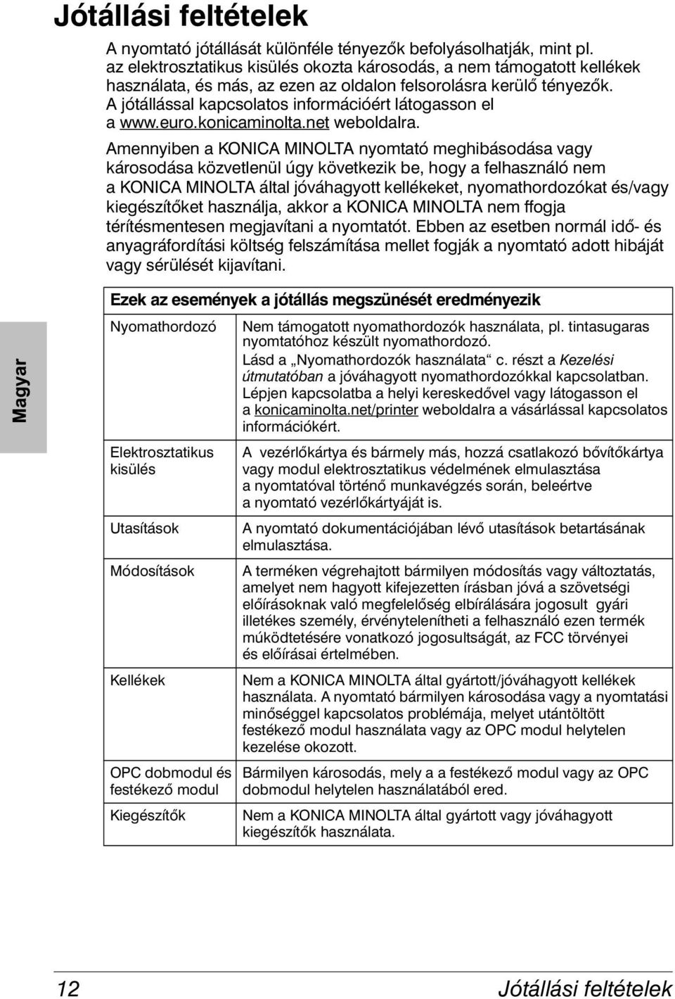 A jótállással kapcsolatos információért látogasson el a www.euro.konicaminolta.net weboldalra.