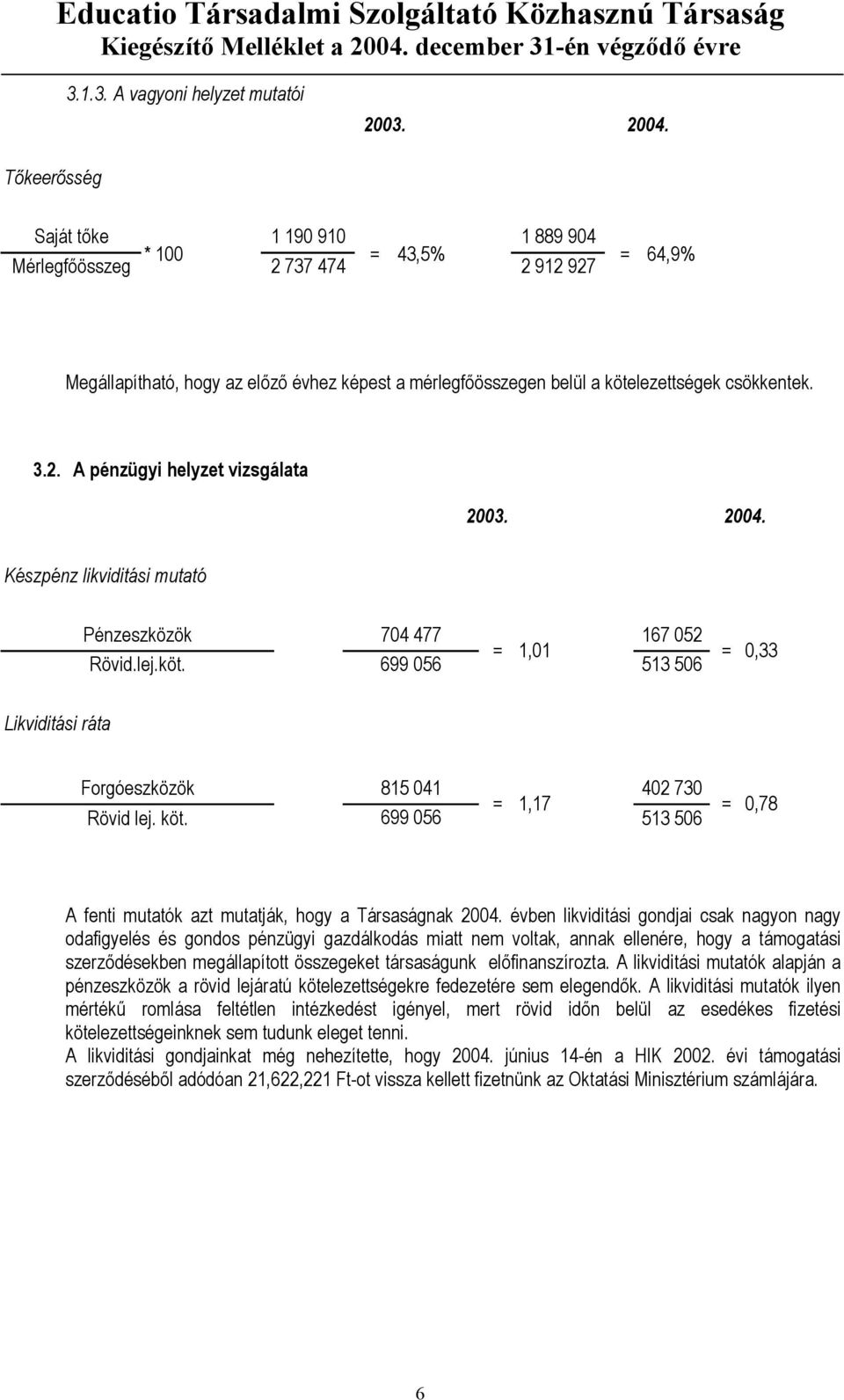 2. A pénzügyi helyzet vizsgálata 2003. 2004. Készpénz likviditási mutató Pénzeszközök 704 477 167 052 = 1,01 = 0,33 Rövid.lej.köt.