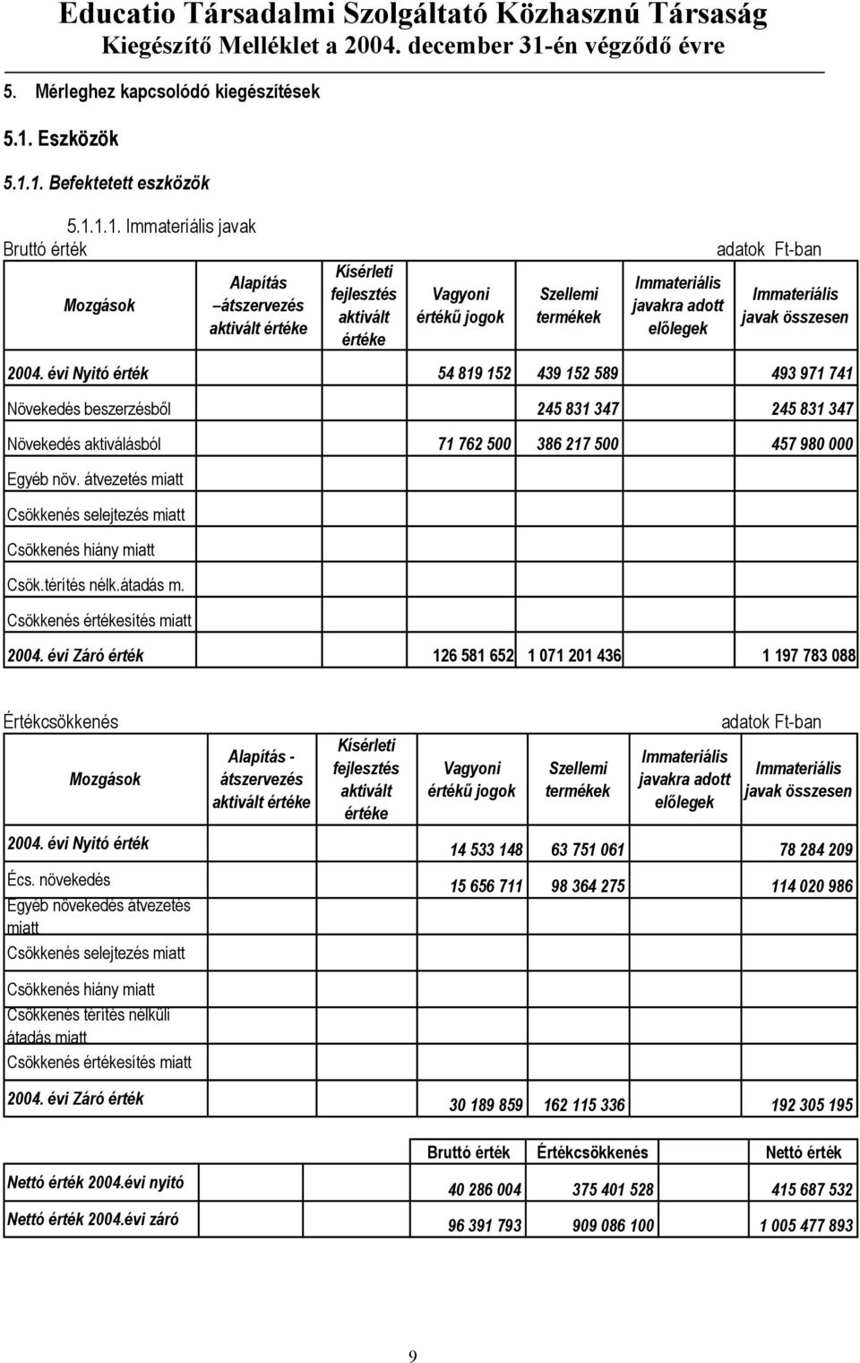 1. Befektetett eszközök 5.1.1.1. Immateriális javak Bruttó érték Mozgások Alapítás átszervezés aktivált értéke Kísérleti fejlesztés aktivált értéke Vagyoni értékű jogok Szellemi termékek Immateriális