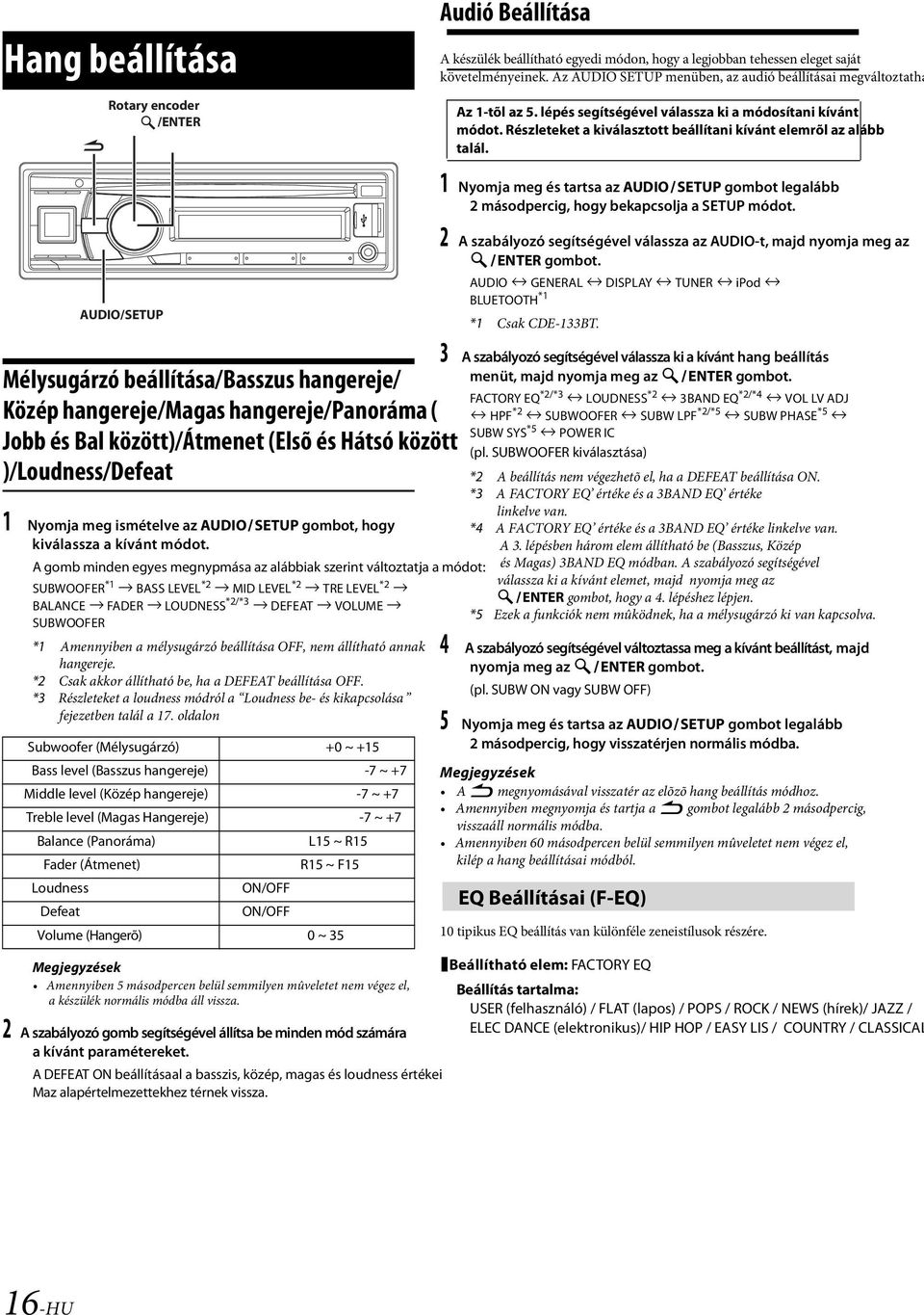 hangereje/ Közép hangereje/magas hangereje/panoráma ( Jobb és Bal között)/átmenet (Elsõ és Hátsó között )/Loudness/Defeat 1 Nyomja meg ismételve az AUDIO SETUP gombot, hogy kiválassza a kívánt módot