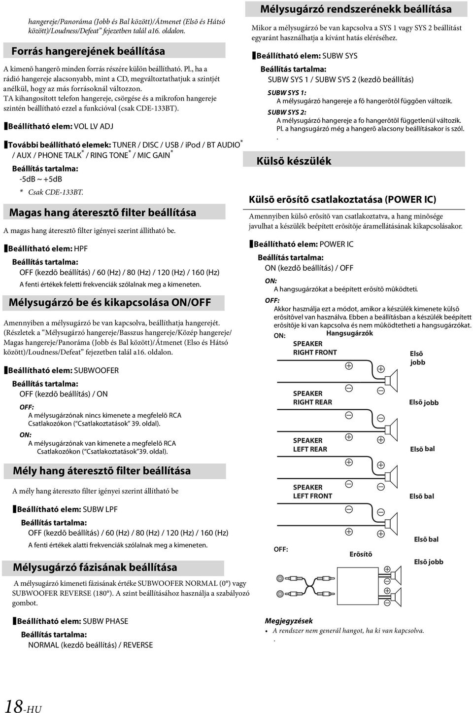 hangereje szintén beállítható ezzel a funkcióval (csak CDE-133BT) Beállítható elem: VOL LV ADJ További beállítható elemek: TUNER / DISC / USB / ipod / BT AUDIO * / AUX / PHONE TALK * / RING TONE * /