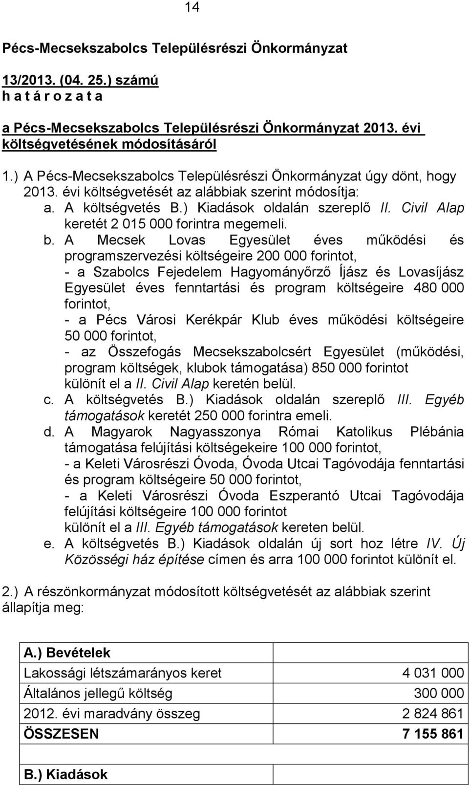 Civil Alap keretét 2 015 000 forintra megemeli. b.