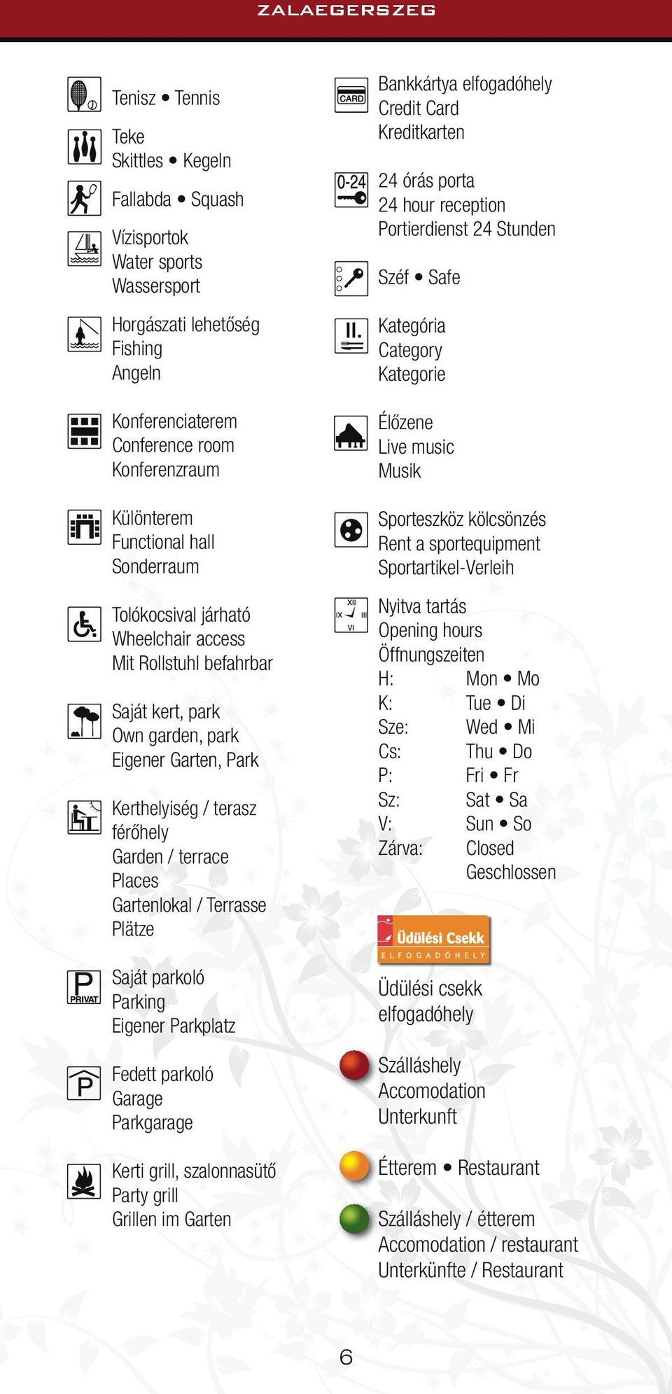 Terrasse Plätze Saját parkoló Parking Eigener Parkplatz Fedett parkoló Garage Parkgarage Kerti grill, szalonnasütő Party grill Grillen im Garten Bankkártya elfogadóhely Credit Card Kreditkarten 24