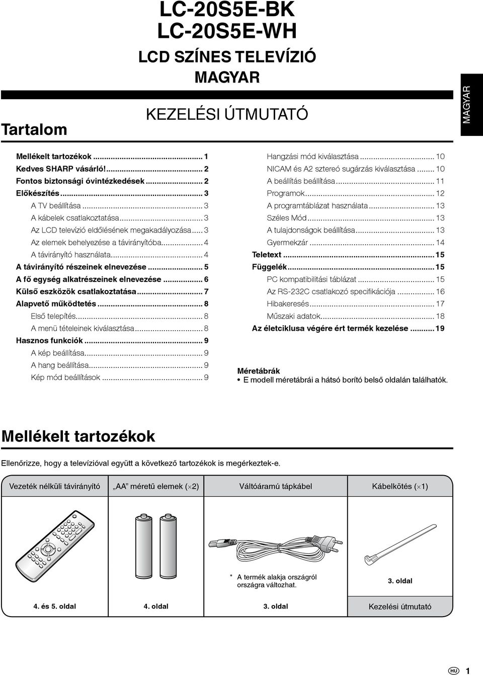 .. 4 A távirányító részeinek elnevezése... 5 A fő egység alkatrészeinek elnevezése... 6 Külső eszközök csatlakoztatása... 7 Alapvető működtetés... 8 Első telepítés... 8 A menü tételeinek kiválasztása.