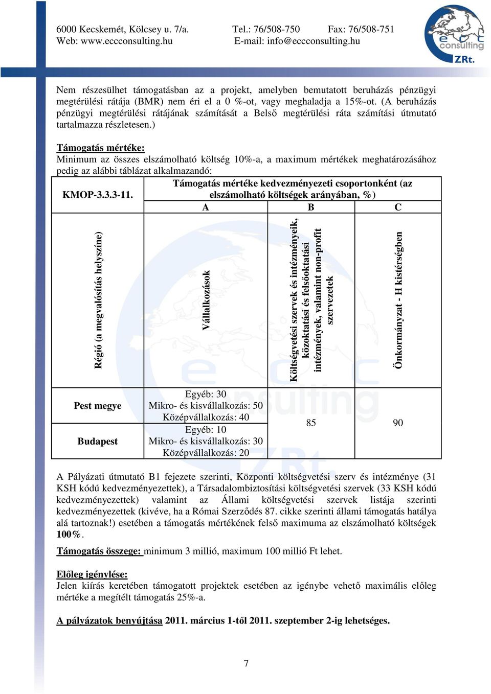 ) Támogatás mértéke: Minimum az összes elszámolható költség 10%-a, a maximum mértékek meghatározásához pedig az alábbi táblázat alkalmazandó: Támogatás mértéke kedvezményezeti csoportonként (az