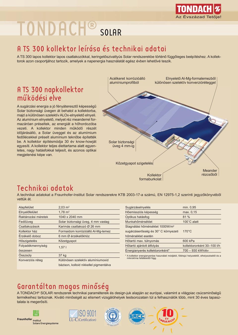 A TS 300 napkollektor mú ködési elve A sugárzási energia a jó fényáteresztő képességű Solar biztonsági üvegen át behatol a kollektorba, majd a különösen szelektív ALOx-elnyelető elnyeli.