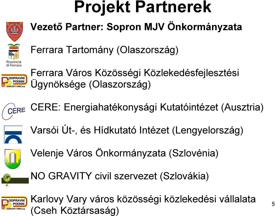 (Ausztria) Varsói Út-, és Hídkutató Intézet (Lengyelország) Velenje Város Önkormányzata (Szlovénia) NO