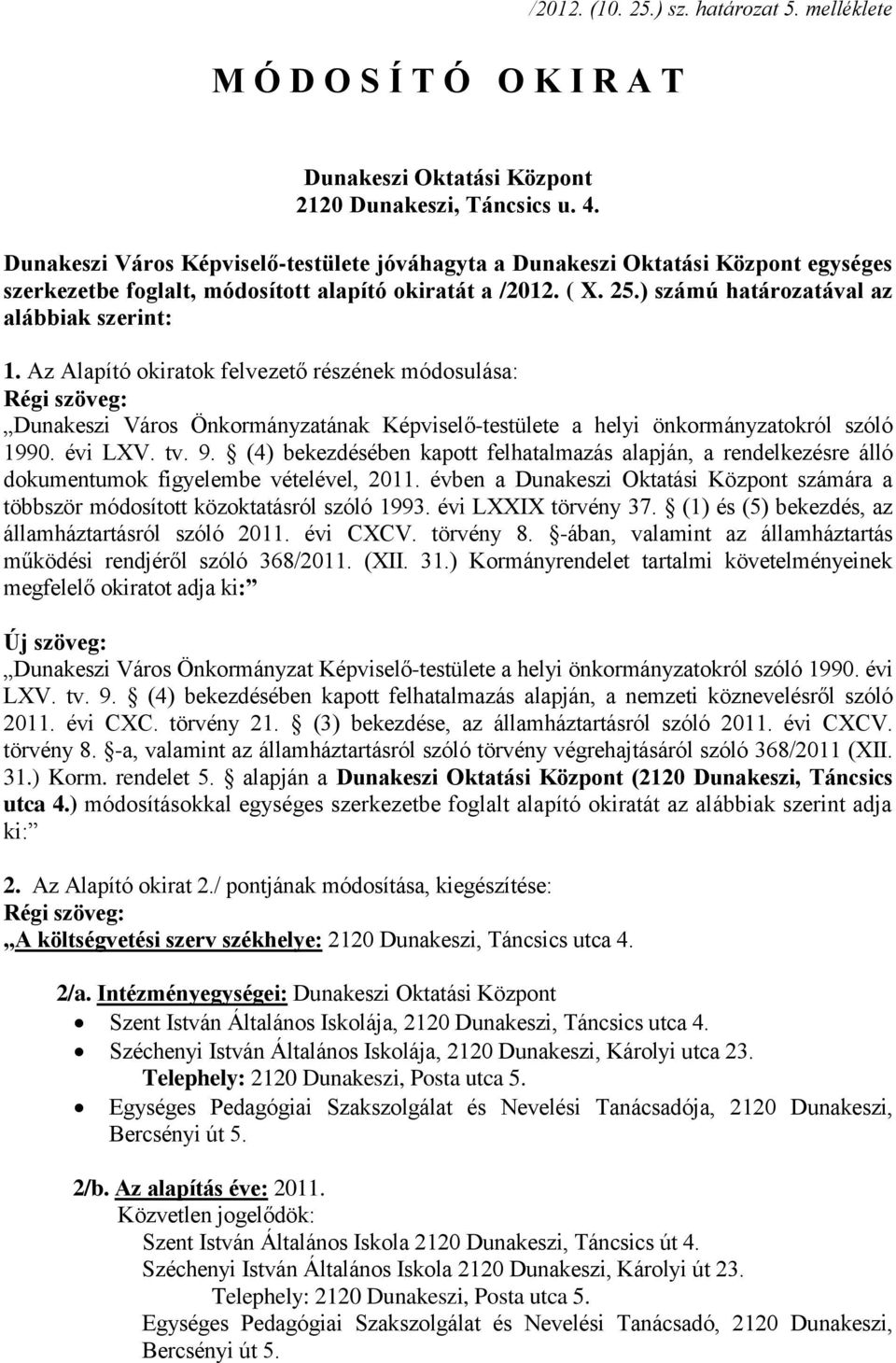Az Alapító okiratok felvezető részének módosulása: Dunakeszi Város Önkormányzatának Képviselő-testülete a helyi önkormányzatokról szóló 1990. évi LXV. tv. 9.