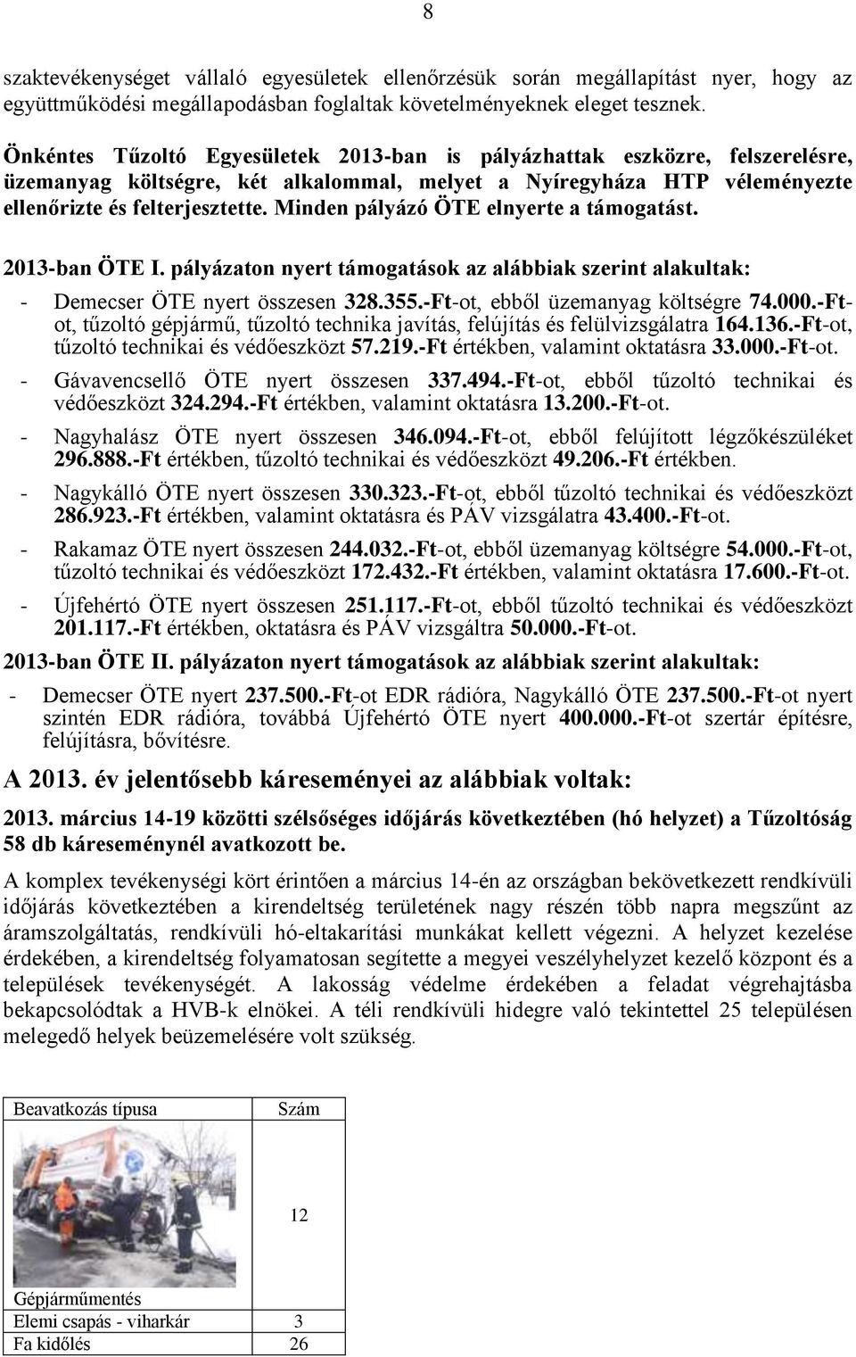 Minden pályázó ÖTE elnyerte a támogatást. 2013-ban ÖTE I. pályázaton nyert támogatások az alábbiak szerint alakultak: - Demecser ÖTE nyert összesen 328.355.-Ft-ot, ebből üzemanyag költségre 74.000.