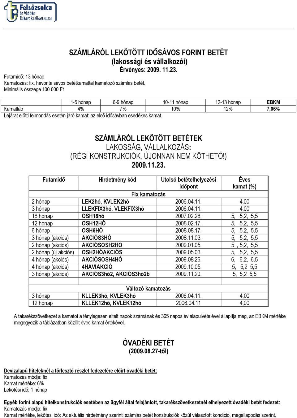 SZÁMLÁRÓL LEKÖTÖTT BETÉTEK LAKOSSÁG, VÁLLALKOZÁS: (RÉGI KONSTRUKCIÓK, ÚJONNAN NEM KÖTHETİ!) 2009.11.23.