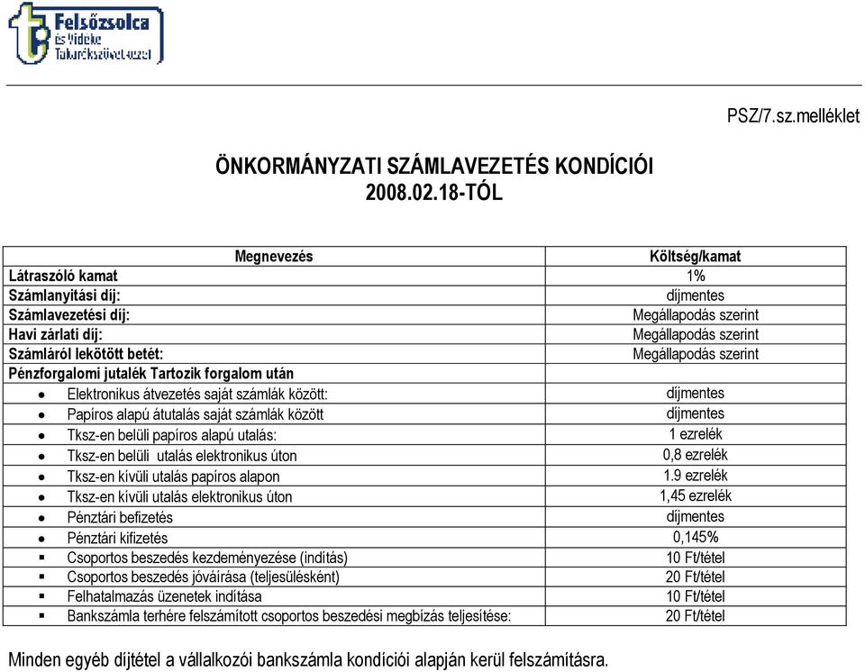 Pénzforgalomi jutalék Tartozik forgalom után Elektronikus átvezetés saját számlák között: Papíros alapú átutalás saját számlák között Tksz-en belüli papíros alapú utalás: 1 ezrelék Tksz-en belüli