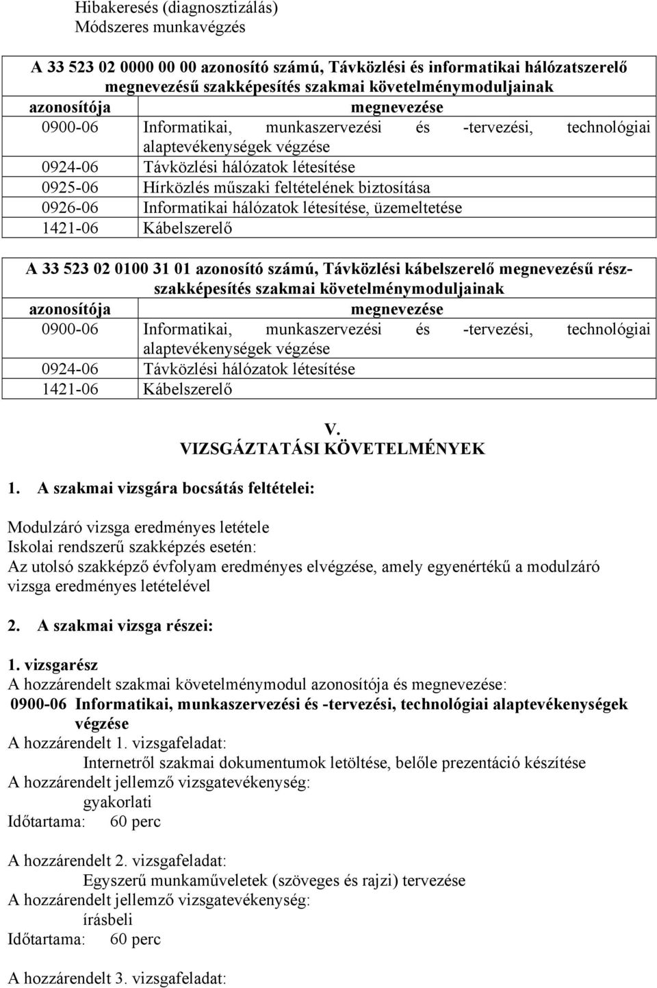 biztosítása 0926-06 Informatikai hálózatok létesítése, üzemeltetése 1421-06 Kábelszerelő A 33 523 02 0100 31 01 azonosító számú, Távközlési kábelszerelő megnevezésű részszakképesítés szakmai