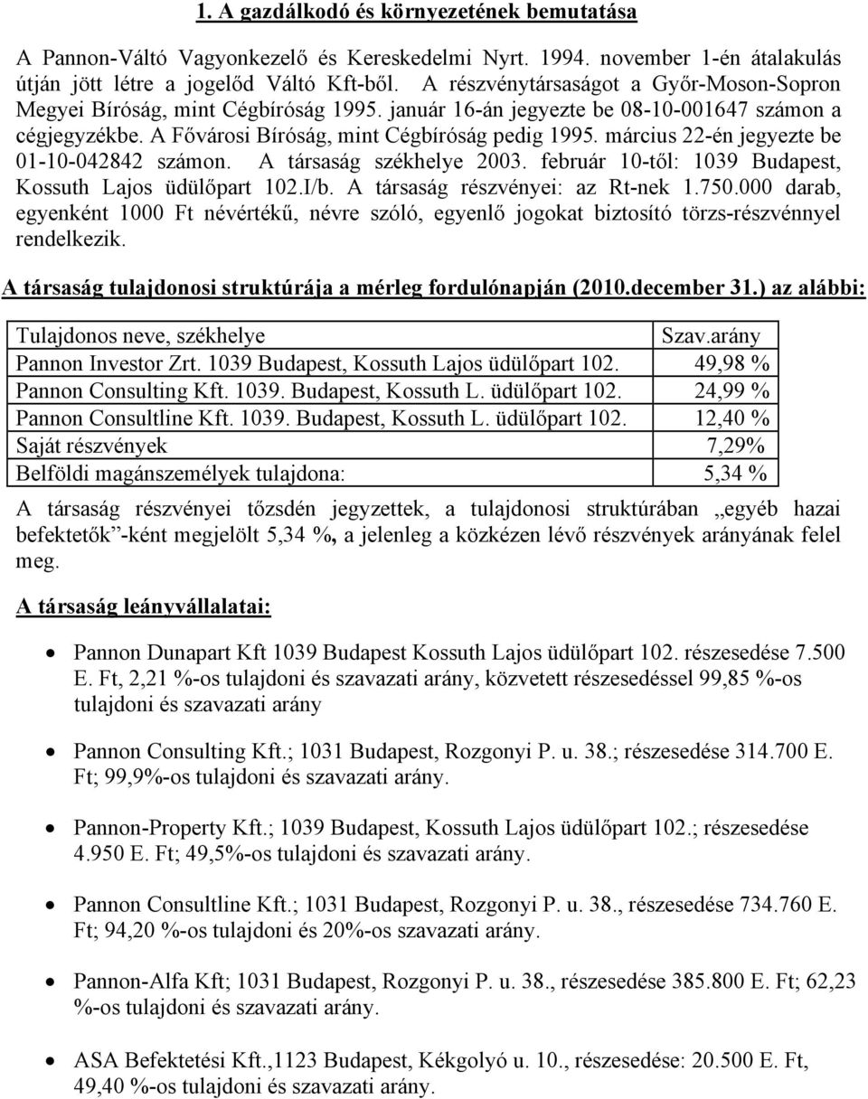 március 22-n jegyezte be 01-10-042842 számon. A társaság szkhelye 2003. február 10-től: 1039 Budapest, Kossuth Lajos üdülőpart 102.I/b. A társaság rszvnyei: az Rt-nek 1.750.