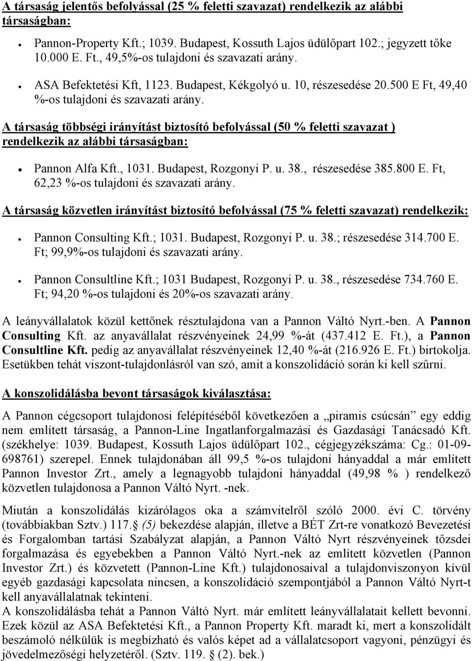 A társaság többsgi irányítást biztosító befolyással (50 % feletti szavazat ) rendelkezik az alábbi társaságban: Pannon Alfa Kft., 1031. Budapest, Rozgonyi P. u. 38., rszesedse 385.800 E.