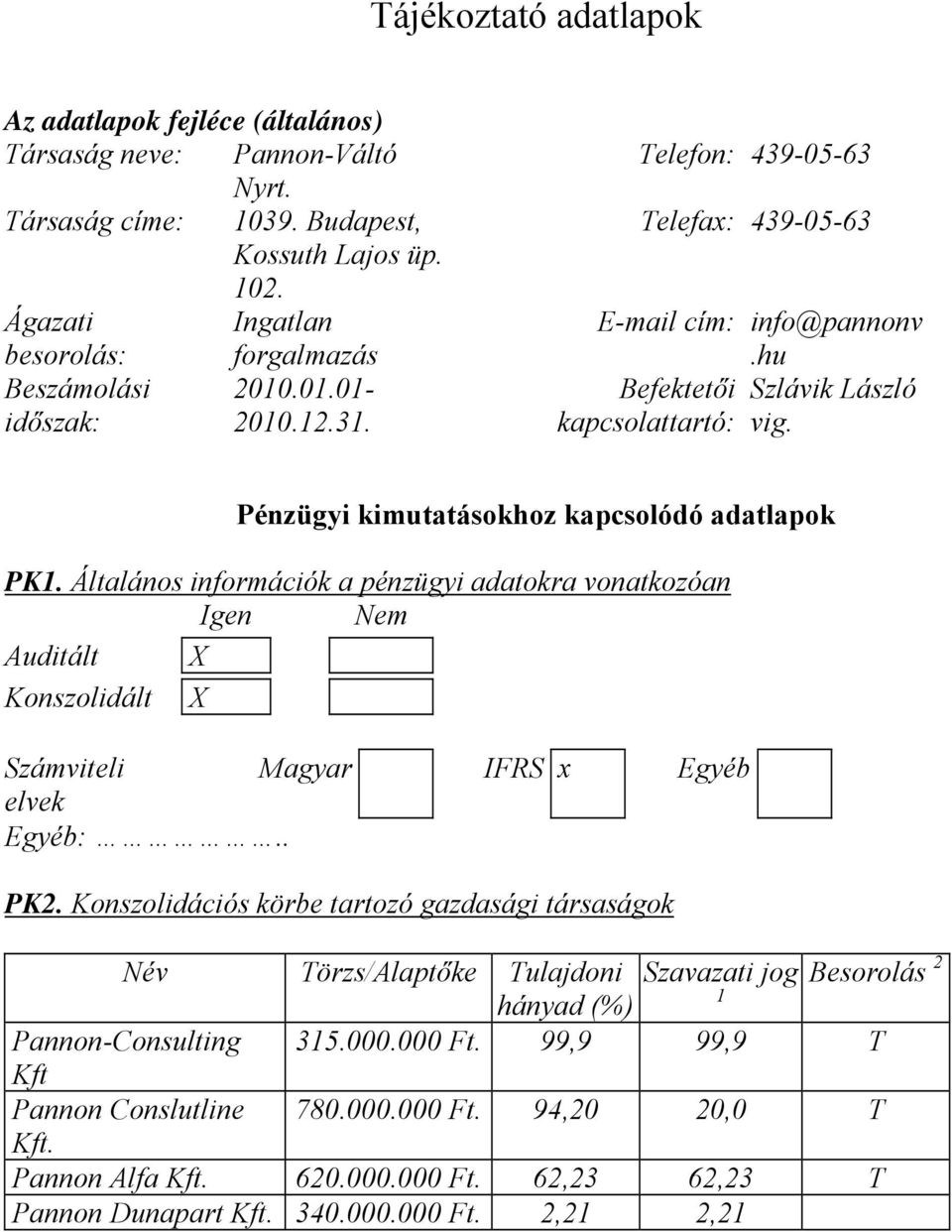 Általános információk a pnzügyi adatokra vonatkozóan Igen Nem Auditált X Konszolidált X Számviteli Magyar IFRS x Egyb elvek Egyb:.. PK2.