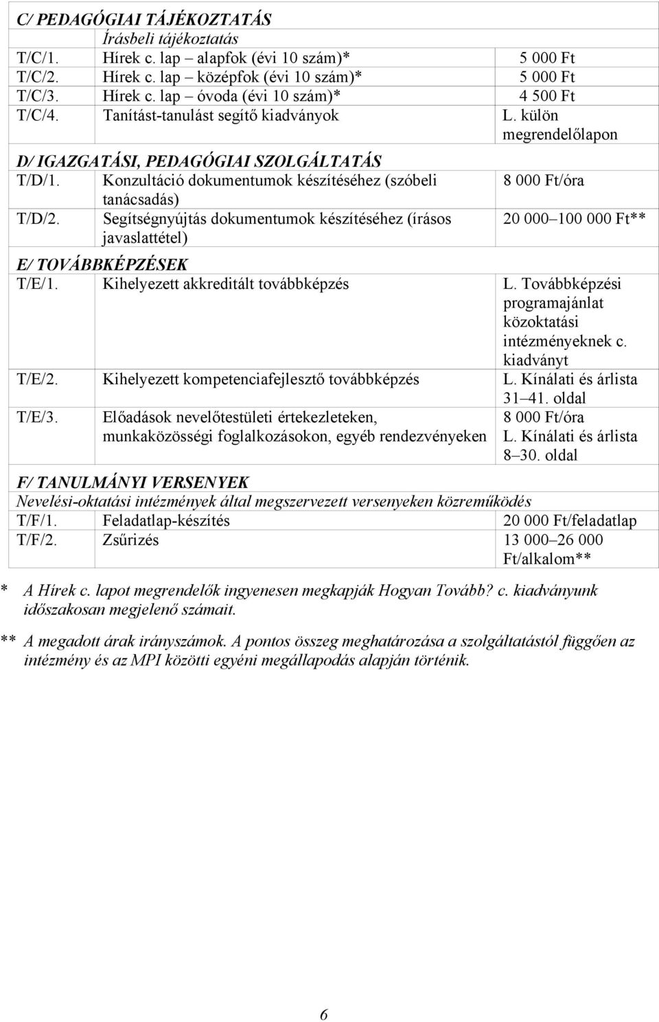 Seítsényújtás dokuentuok készítéséhez (írásos javaslattétel) 8 000 /óra 20 000 100 000 ** E/ TOVÁBBKÉPZÉSEK T/E/1. Kihelyezett akkreditált továbbképzés L.