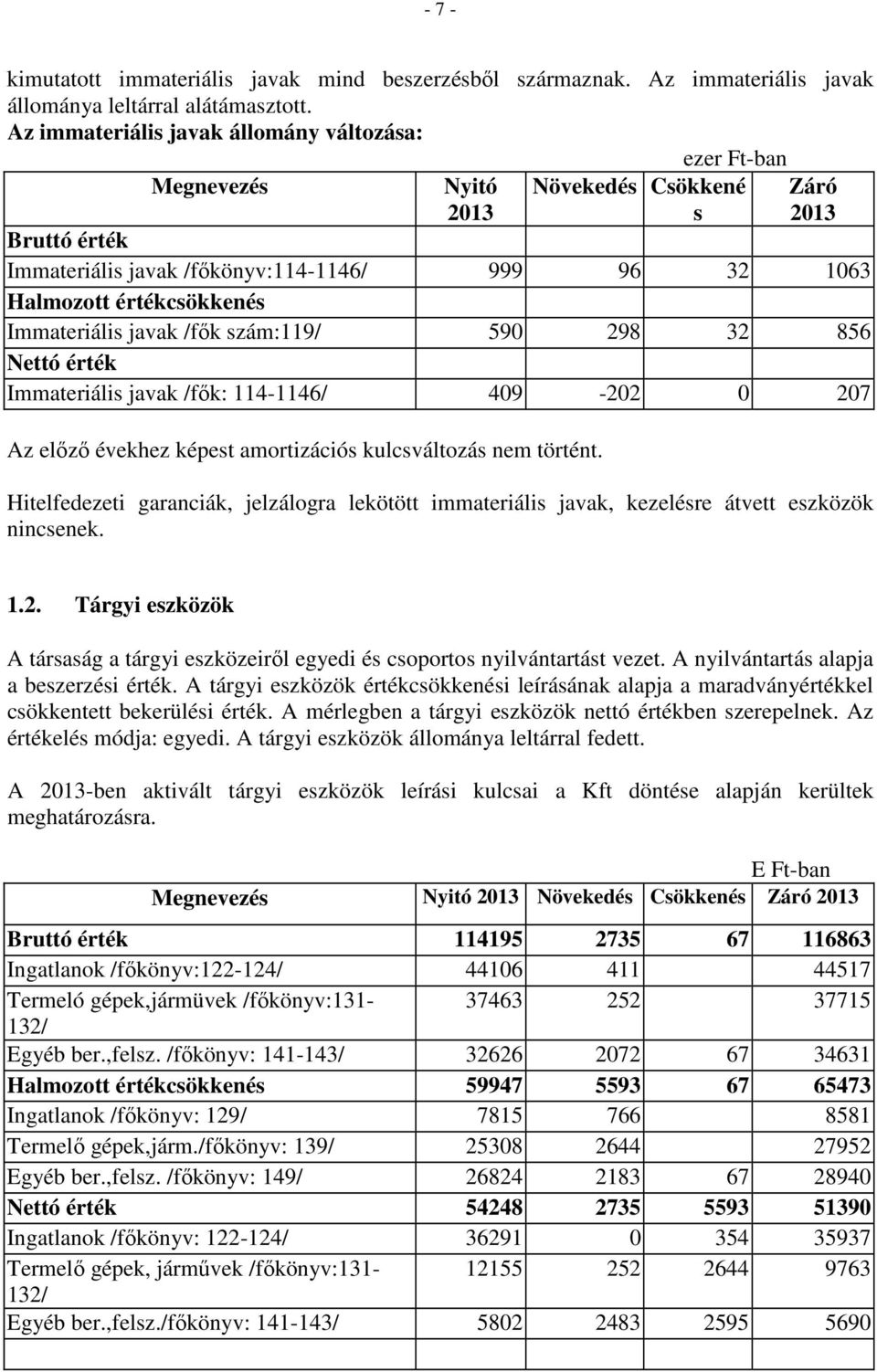 Immateriális javak /fők szám:119/ 590 298 32 856 Nettó érték Immateriális javak /fők: 114-1146/ 409-202 0 207 Az előző évekhez képest amortizációs kulcsváltozás nem történt.