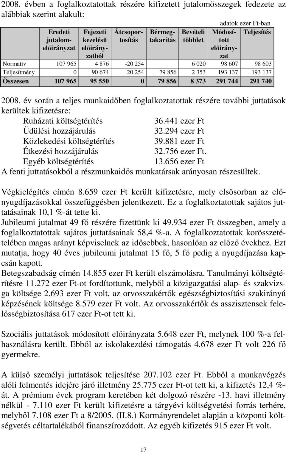 550 0 79 856 8 373 291 744 291 740 2008. év során a teljes munkaidıben foglalkoztatottak részére további juttatások kerültek kifizetésre: Ruházati költségtérítés 36.