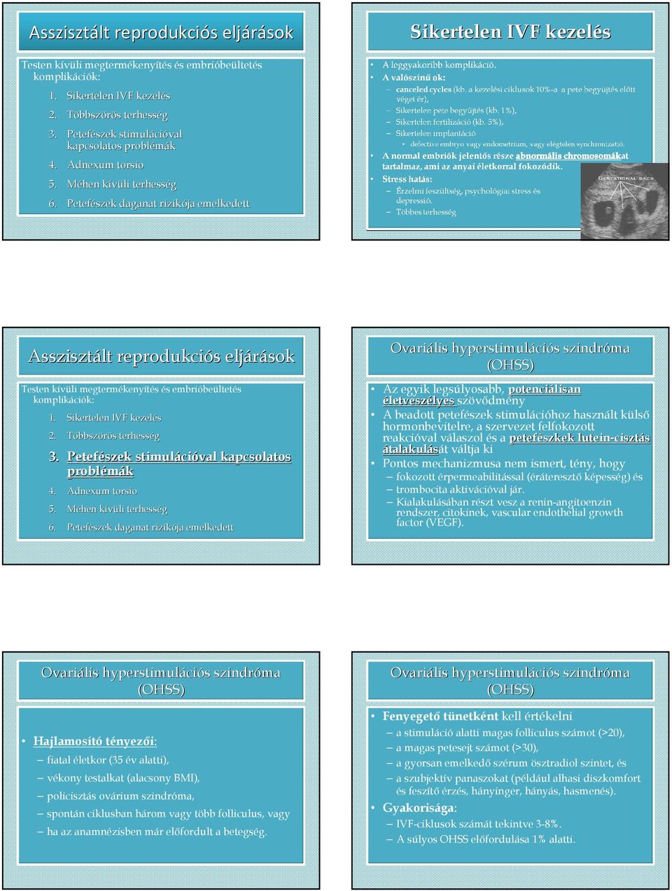 Többszörös s terhesség 3. Petefészek stimuláci cióval kapcsolatos problémák 4. Adnexum torsio 5. Méhen kívüli k terhesség 6.