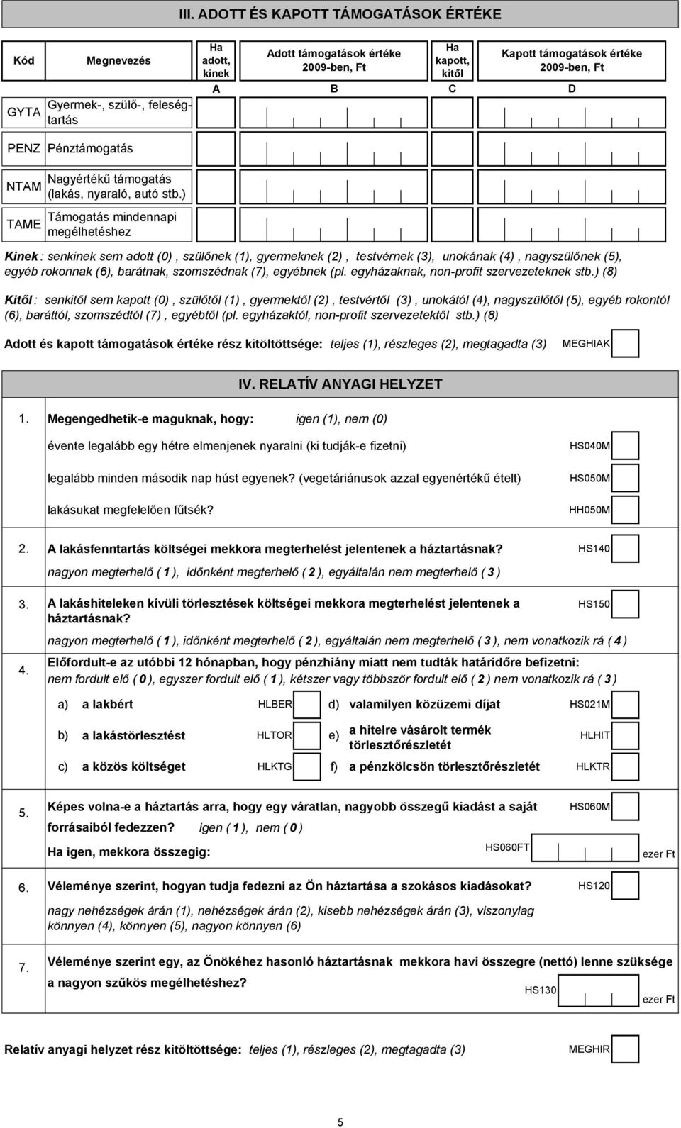 ) TAME Támogatás mindennapi megélhetéshez Kinek : senkinek sem adott (0), szülőnek (1), gyermeknek (2), testvérnek (3), unokának (4), nagyszülőnek (5), egyéb rokonnak (6), barátnak, szomszédnak (7),