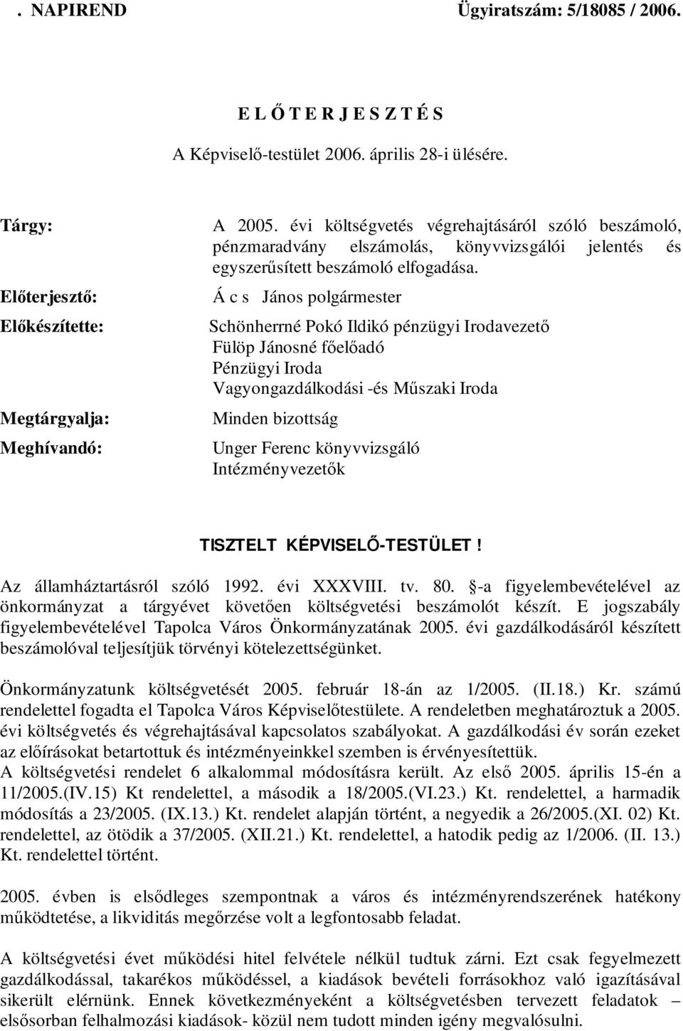 Á c s János polgármester Schönherrné Pokó Ildikó pénzügyi Irodavezető Fülöp Jánosné főelőadó Pénzügyi Iroda Vagyongazdálkodási -és Műszaki Iroda Minden bizottság Unger Ferenc könyvvizsgáló