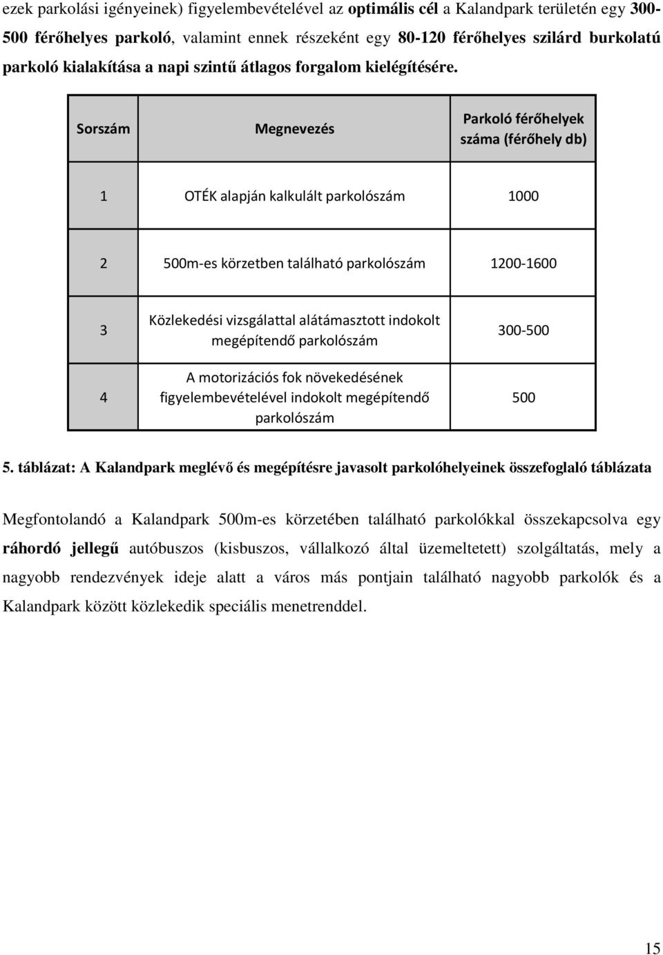 Sorszám Megnevezés Parkoló férőhelyek száma (férőhely db) 1 OTÉK alapján kalkulált parkolószám 1000 2 500m-es körzetben található parkolószám 1200-1600 3 4 Közlekedési vizsgálattal alátámasztott